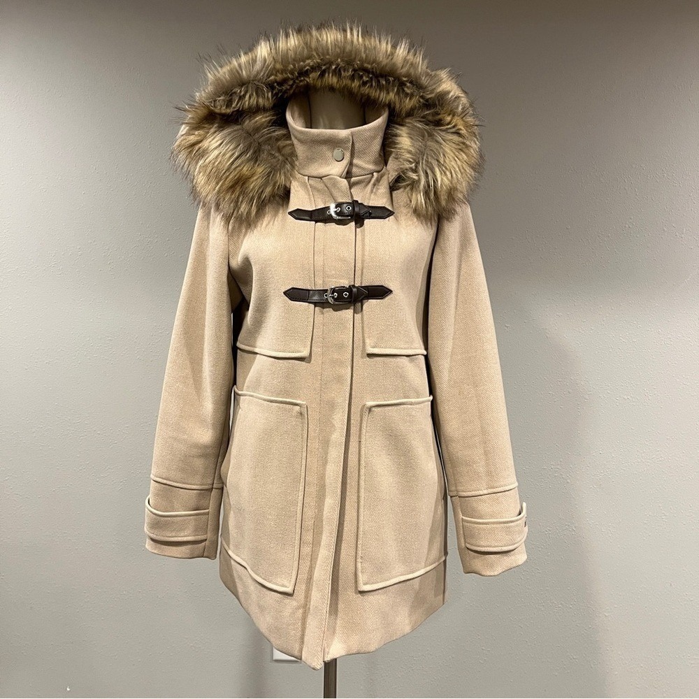 CoffeShop Tan Coat with Faux Fur Hood size medium